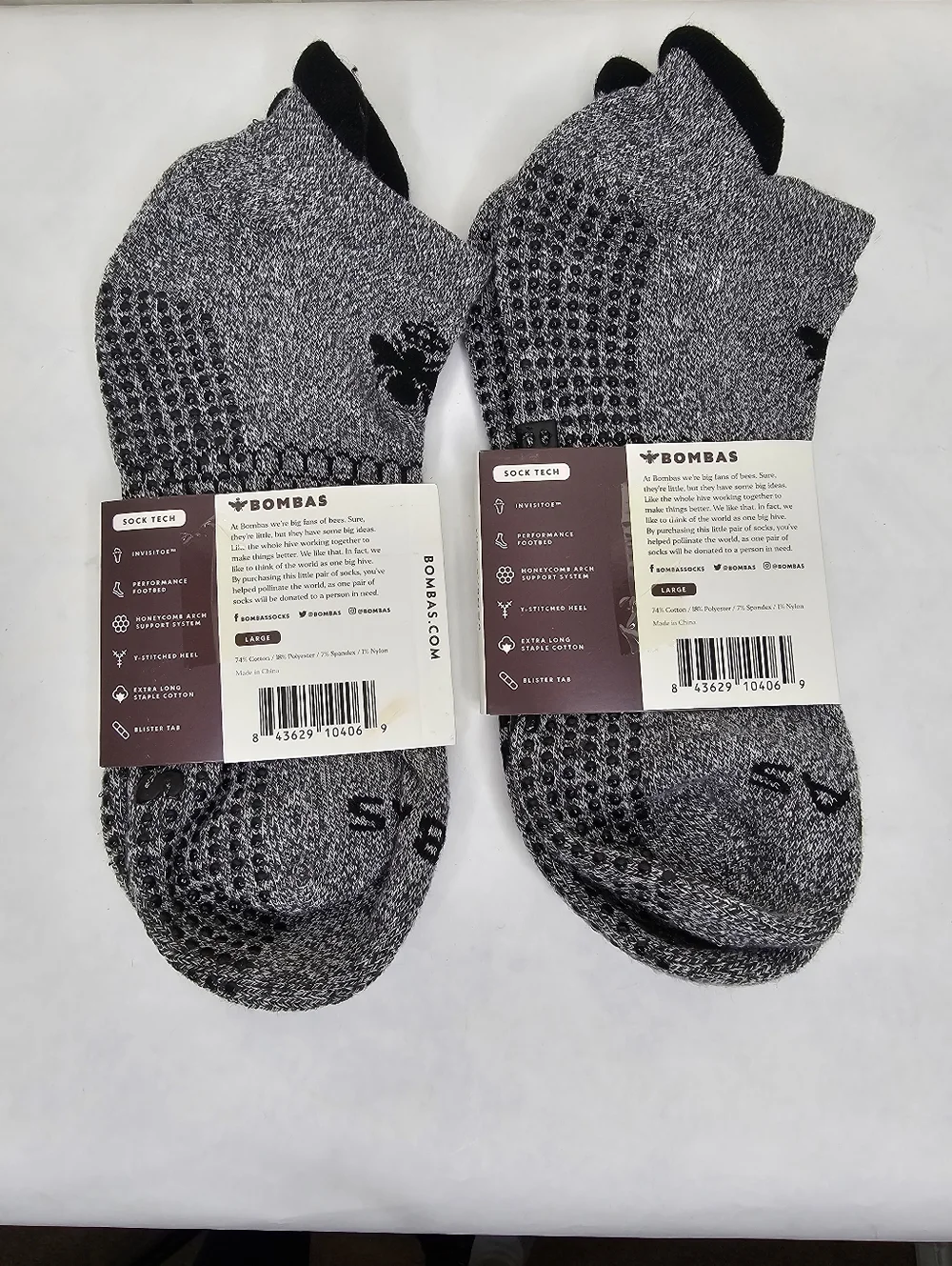 Bombas Gripper Ankle Socks Dark Gray 2 Pack Large New